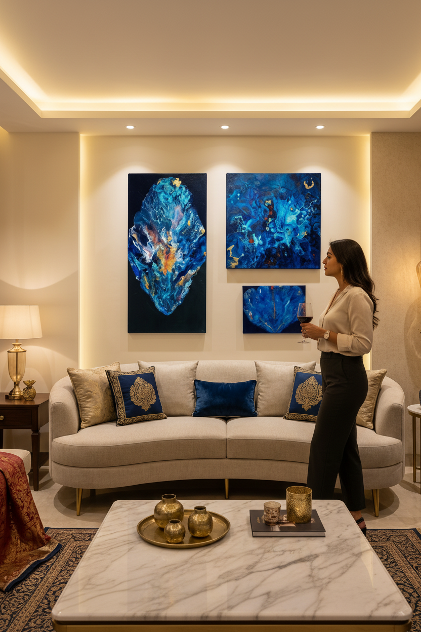 Set of 3 handmade abstract acrylic paintings in deep blue and gold by Abha Kochar, mounted on a living room wall