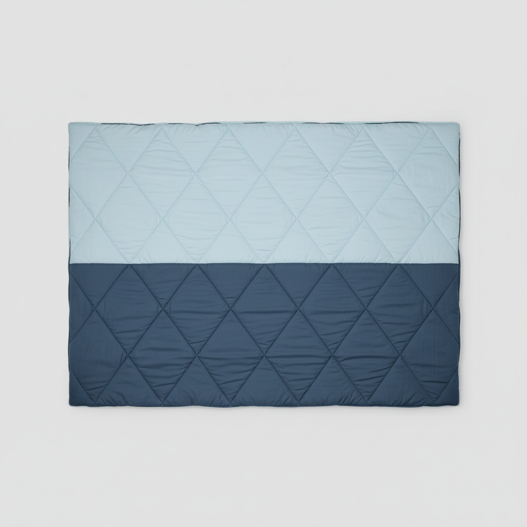 Rectangular sky blue and dark blue reversible duvet with straight edge and diamond quilting