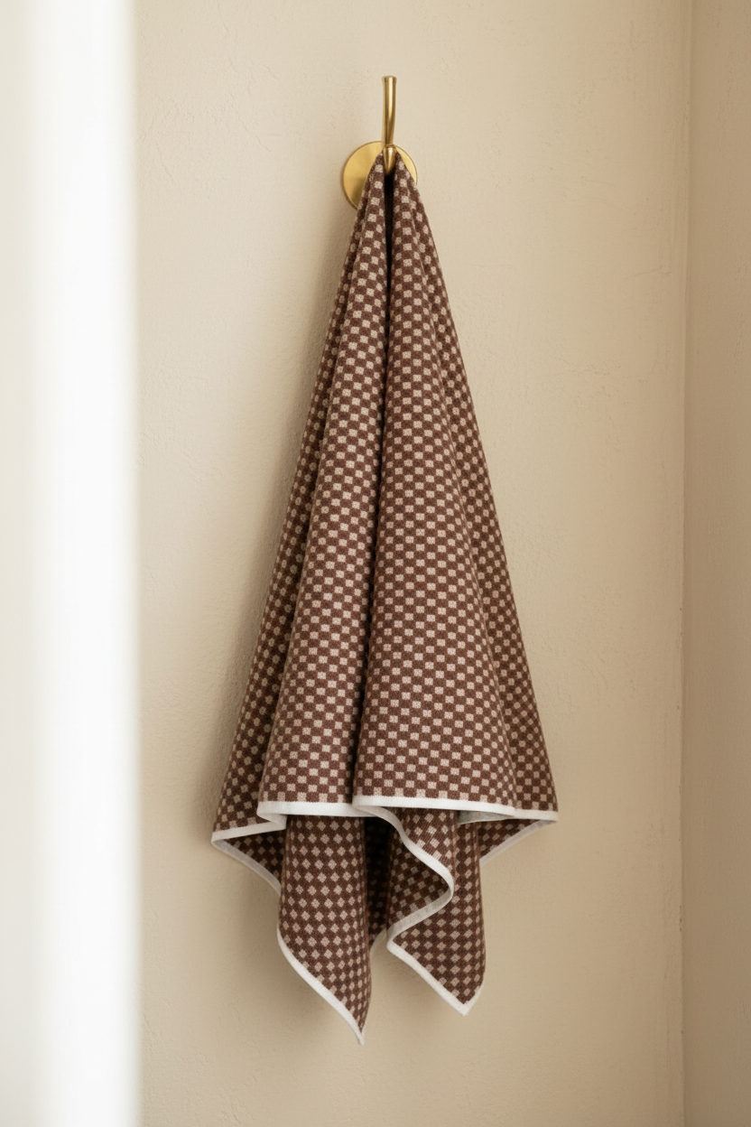 Brown Check Bath Towel hanging on brass hook