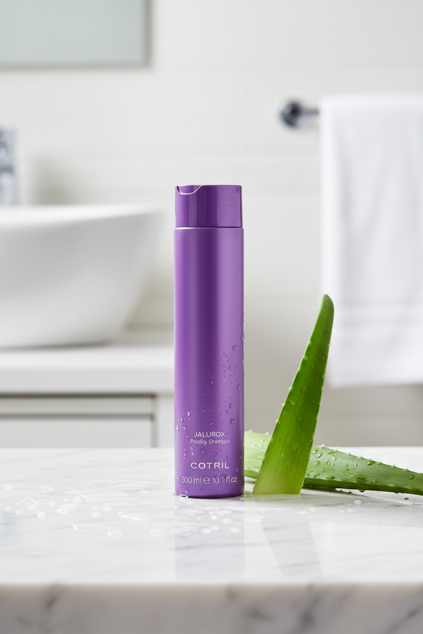 COTRIL Jalurox shampoo on wet marble with aloe vera fresh bathroom