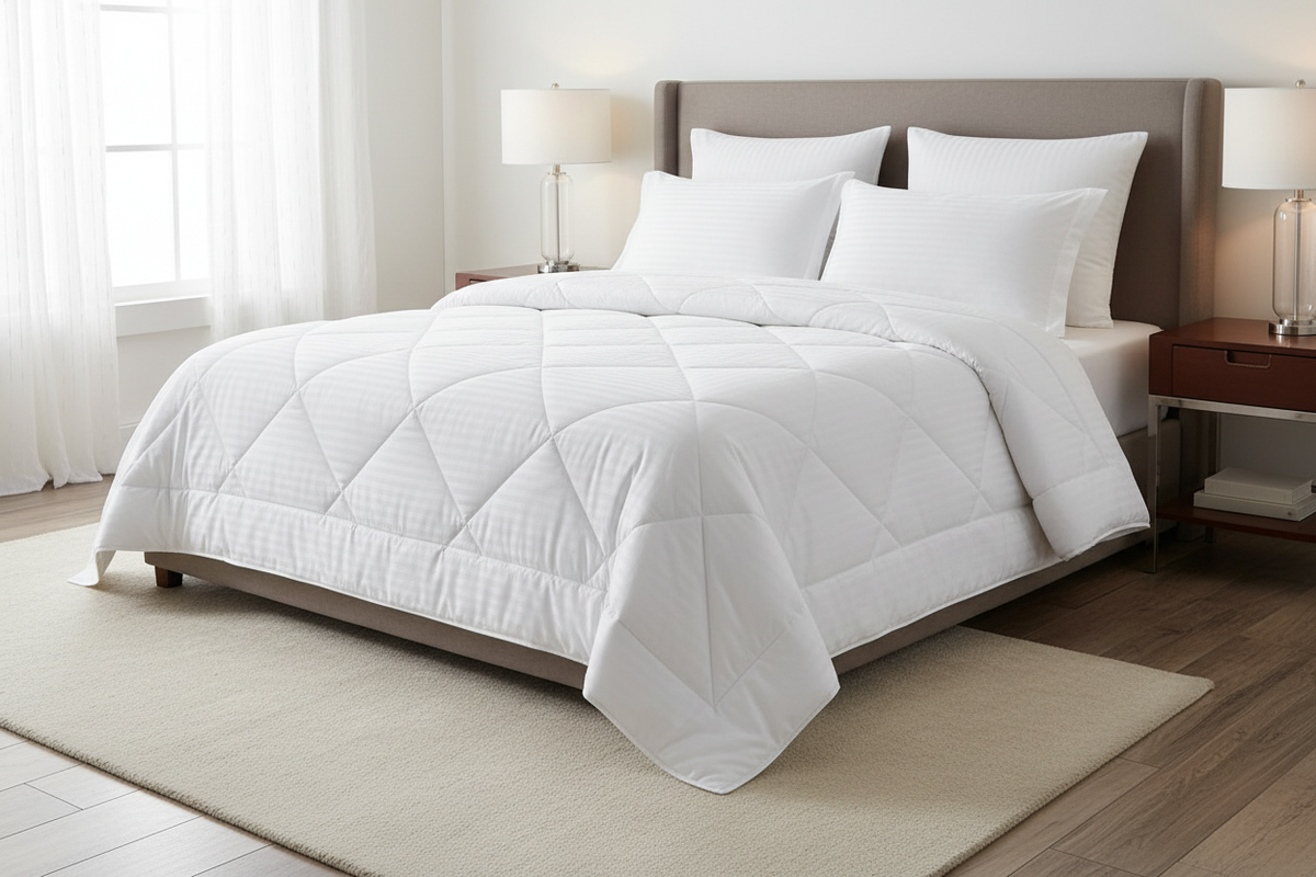 White hotel-style stripe synthetic-filled duvet arranged on a king-size bed