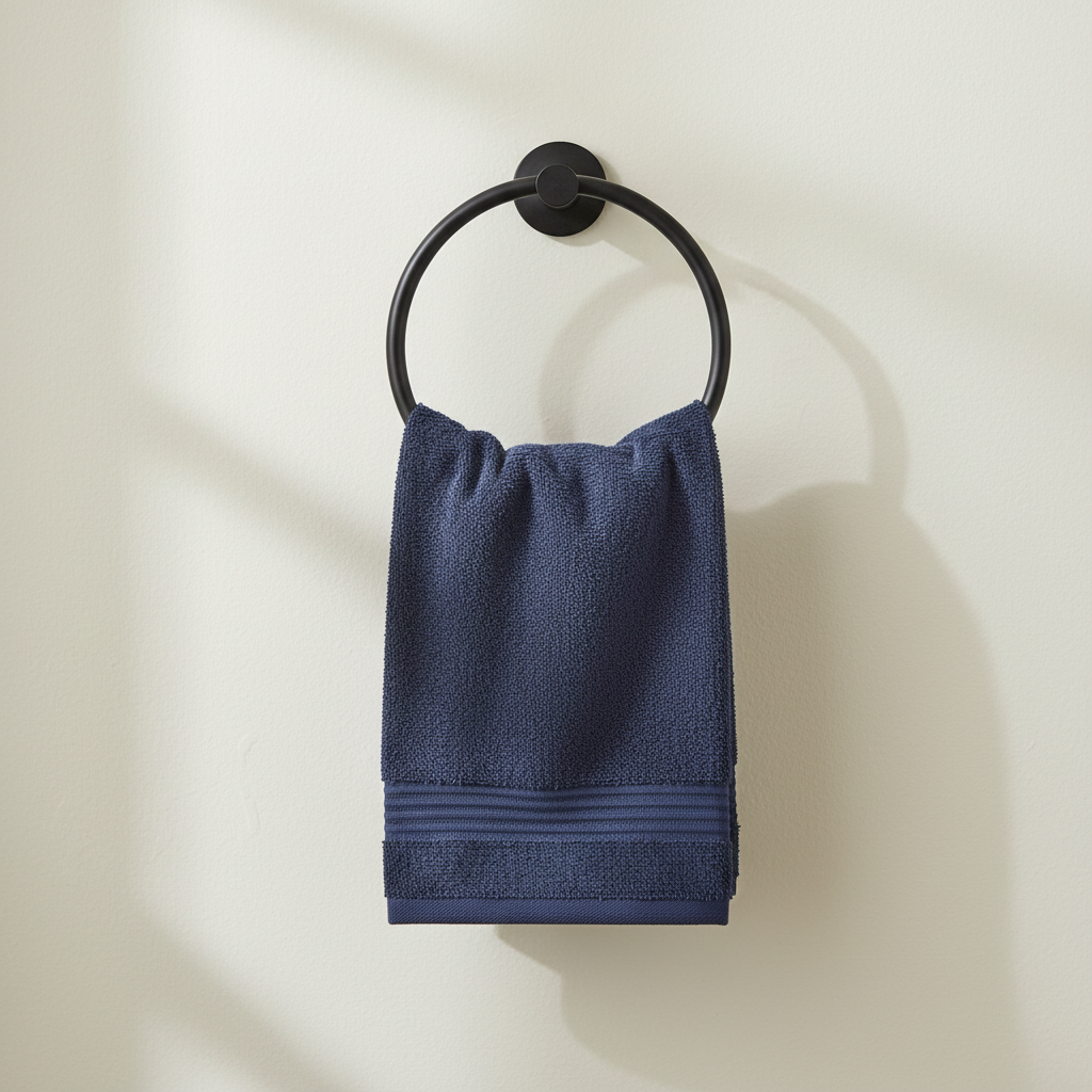 Navy blue face towel on towel ring