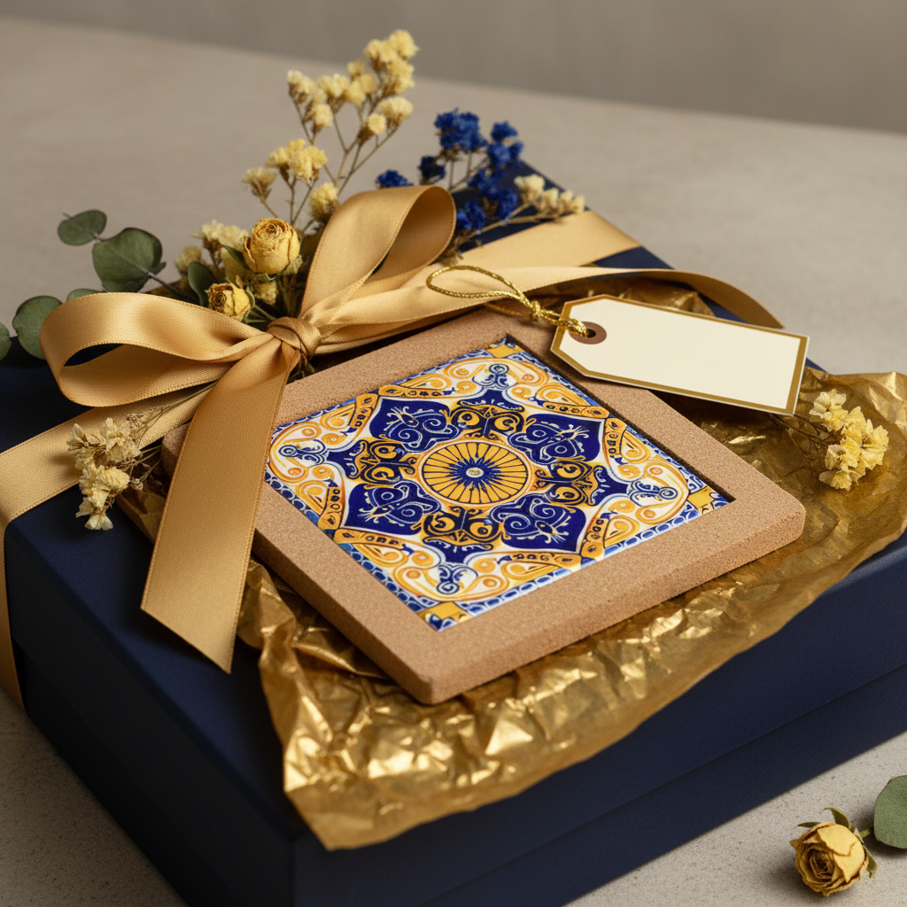 Turkish Hotpot Tile – Cobalt & Gold Geometric Star, gift styling shot