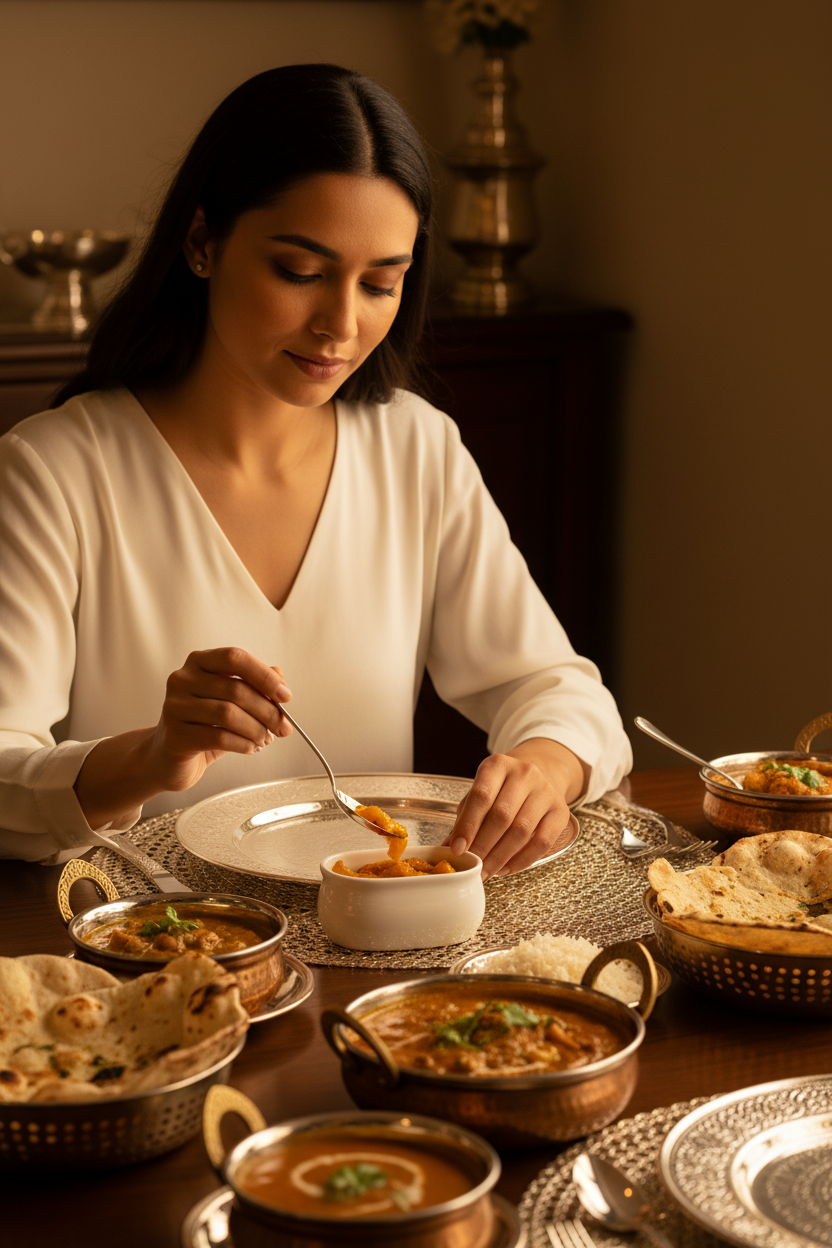Royal Porcelain 150ml white porcelain achar and chutney server on a premium Indian dining table
