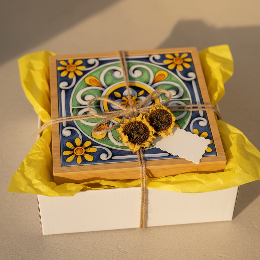 Turkish Hotpot Tile – Navy Daisy Wheel, gift styling shot
