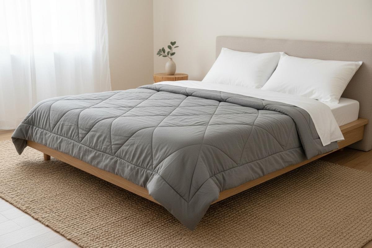 Grey diamond-quilted duvet folded on a modern bed