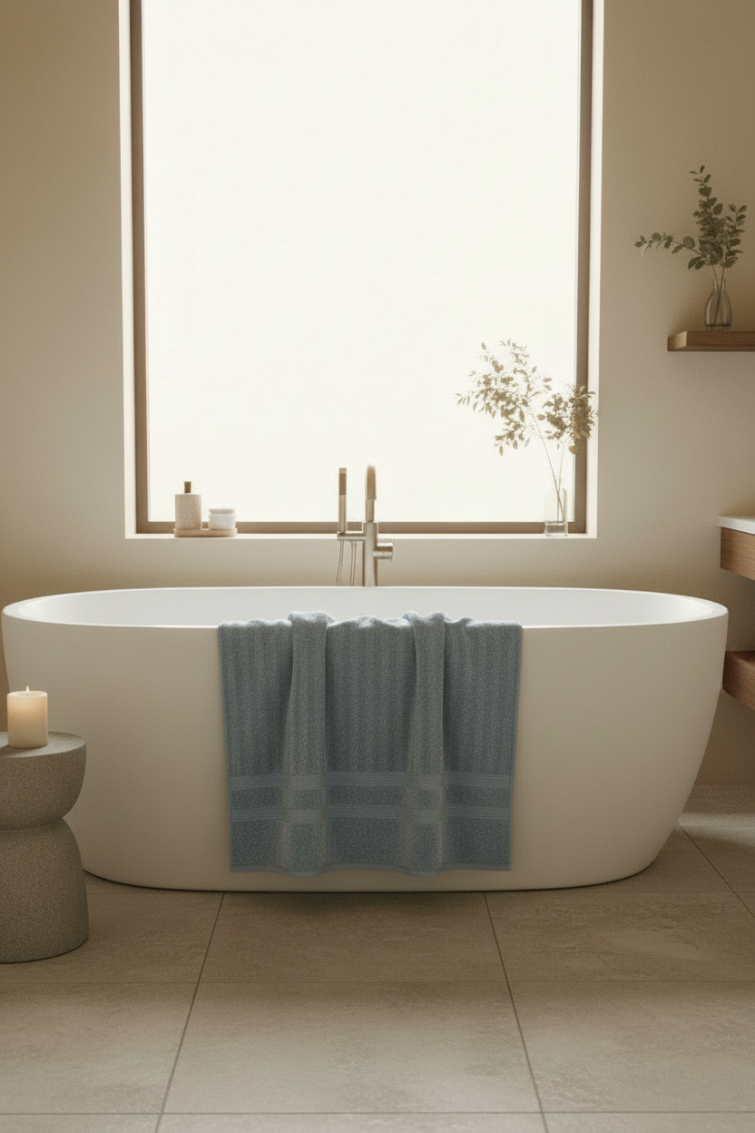 Light blue cotton bath towel styled in a refined contemporary bathroom