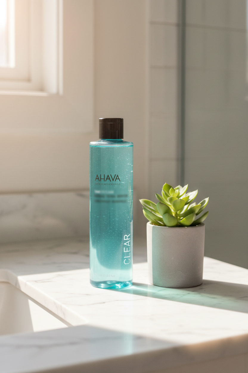 AHAVA Toning Water on marble vanity with green plant morning light