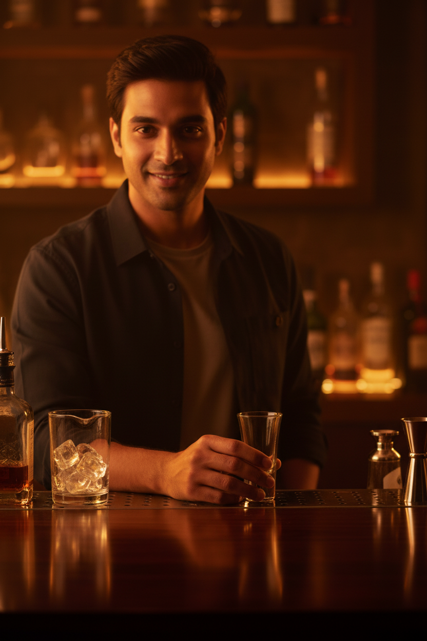 Indian man holding flared shot glass at bar — lifestyle