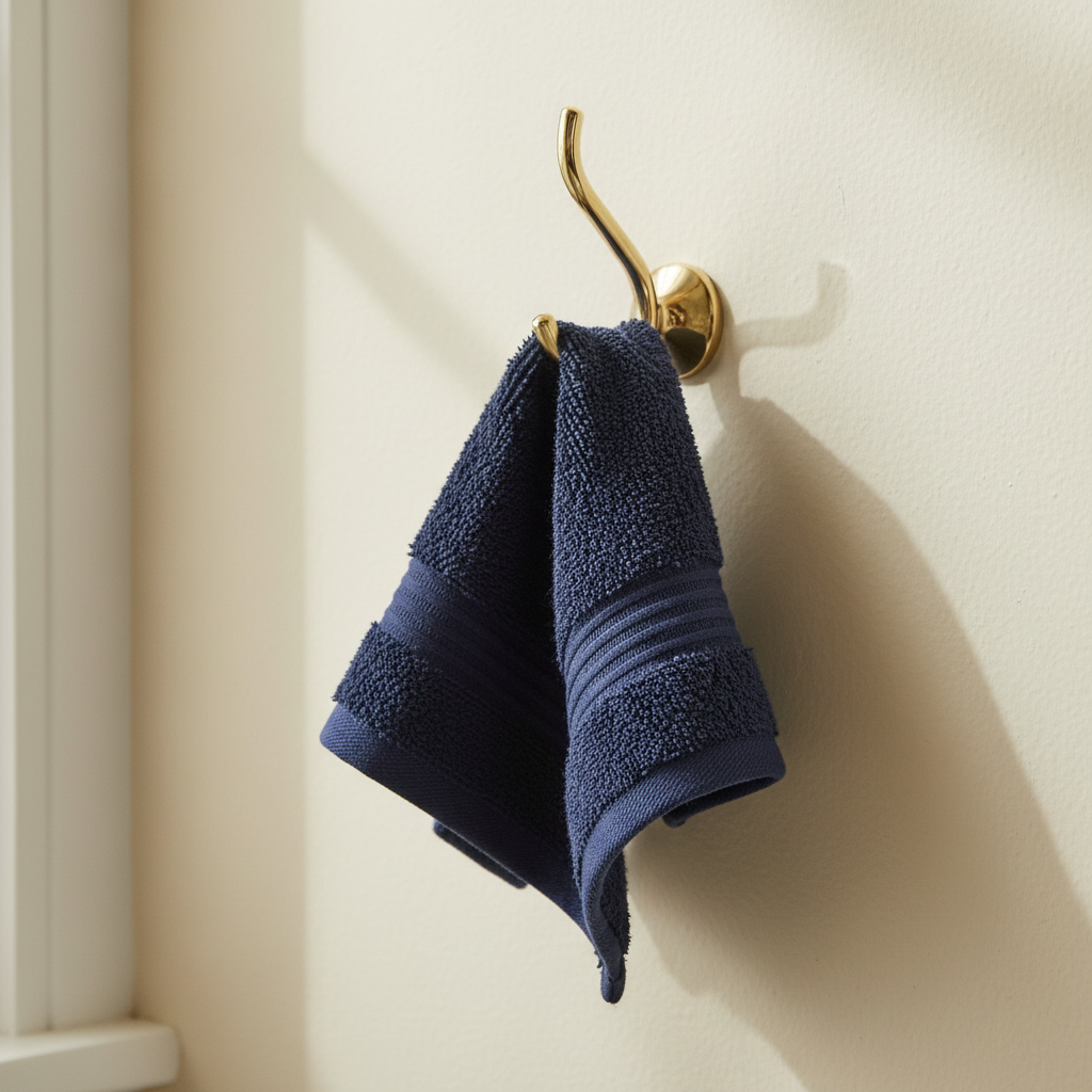Navy blue face towel on brass hook
