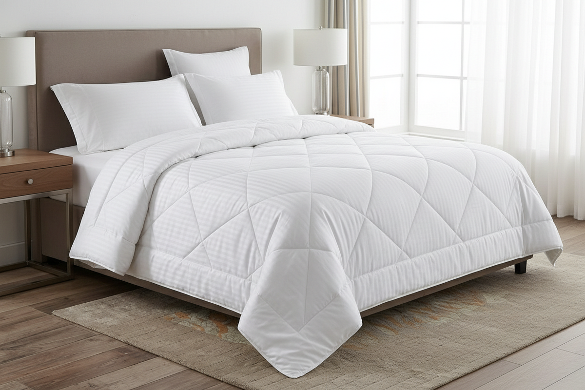 White hotel-style stripe duvet styled on a bright king-size bed