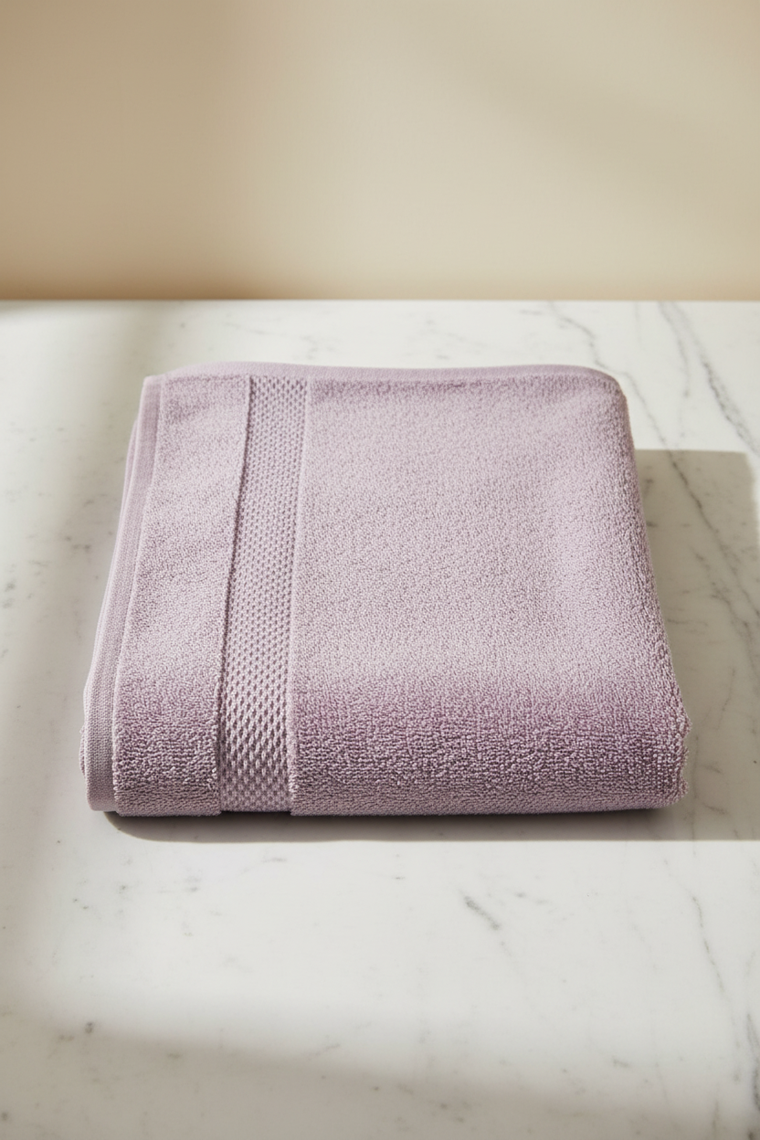 Purple Bath Towel folded flat on marble surface