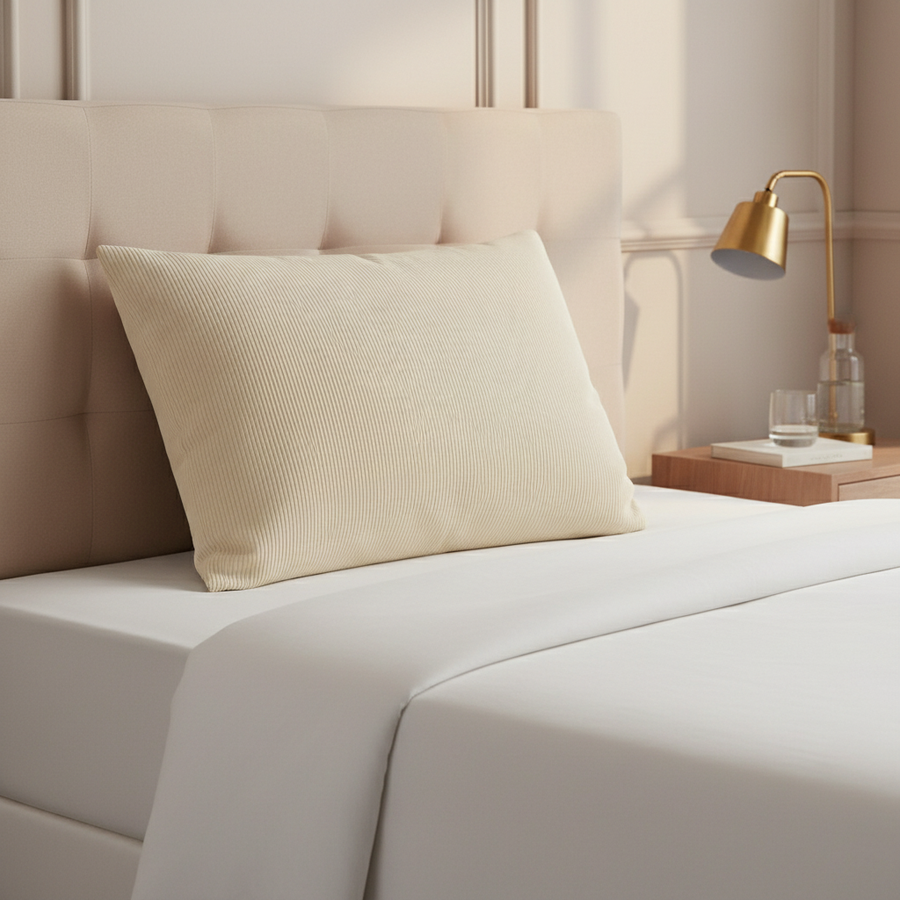 Beige striped jumbo hotel-style pillow on a neatly made bed