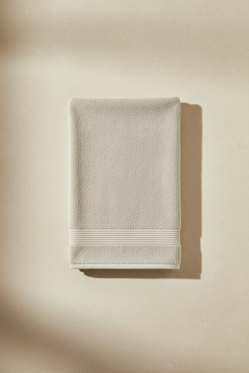Creamish Grey Bath Towel folded flat on marble surface