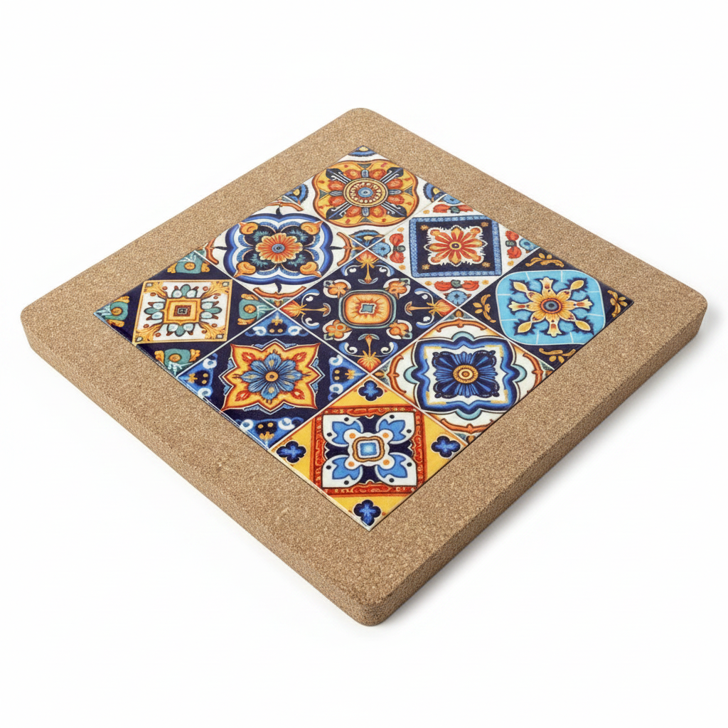 Turkish Hotpot Tile – Baroque Sunburst, 3/4 angle showing cork frame depth