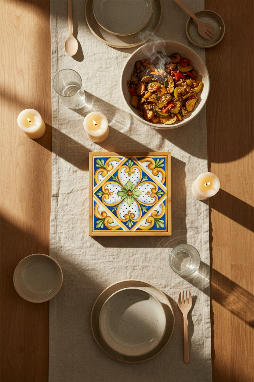 Turkish pattern ceramic hotpot tile trivets in cobalt, navy and terracotta — table decor by Griha Sajja