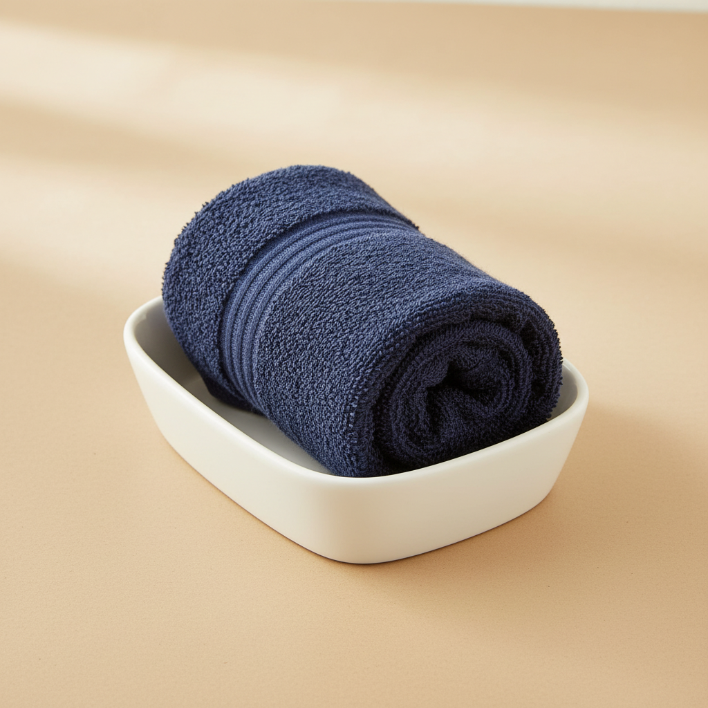 Navy blue face towel rolled in ceramic dish