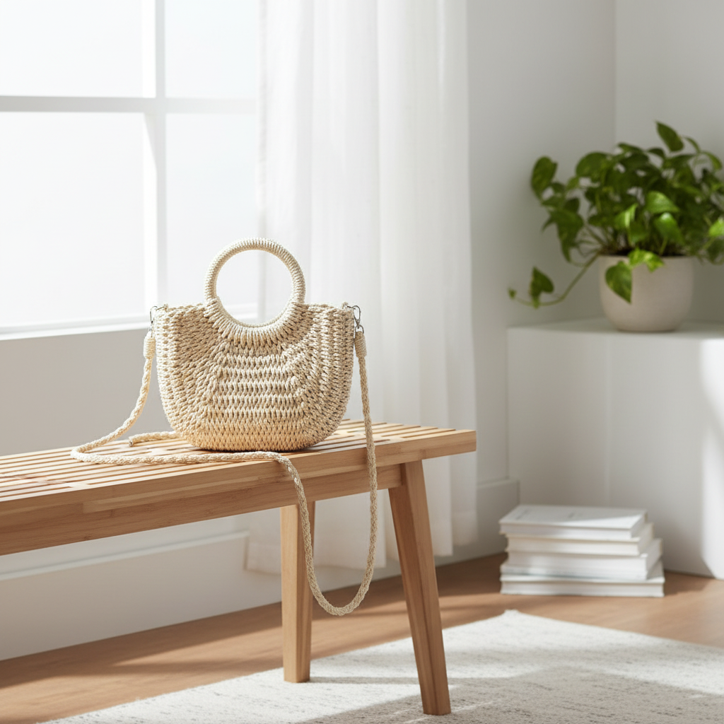 Cream woven straw crossbody bag styled in a bright home interior