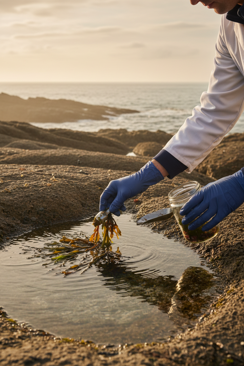 Marine algae harvesting Brittany coastline