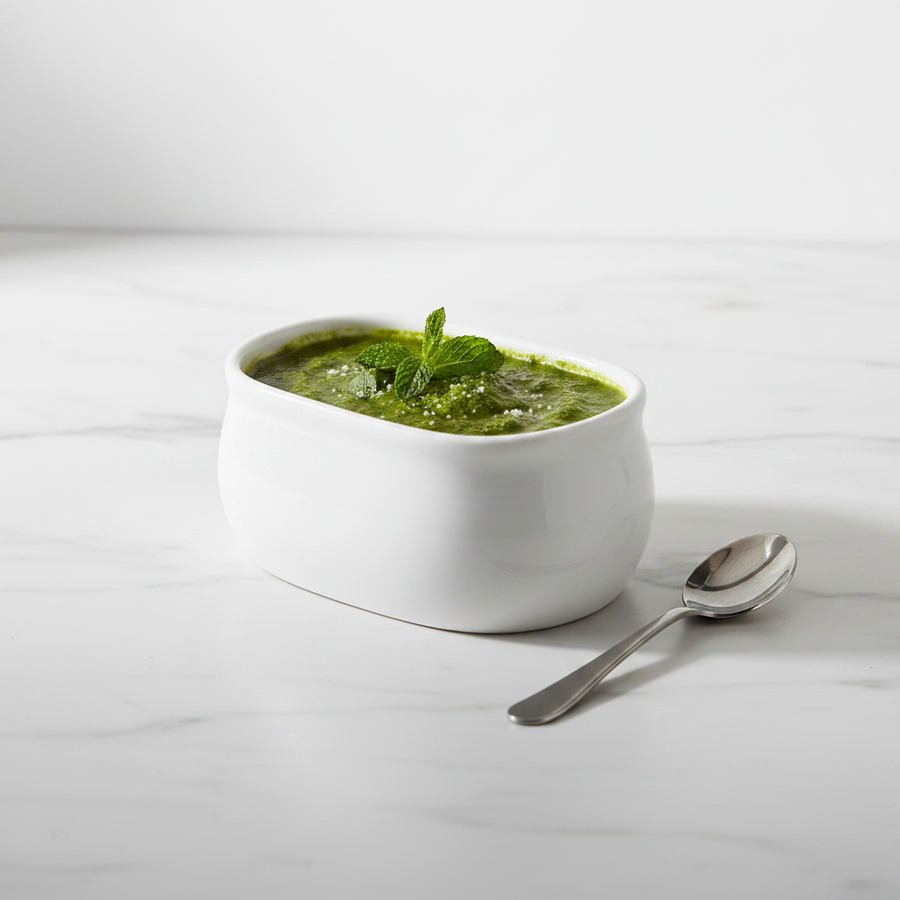 Small white porcelain achar server 150ml with green chutney on a marble surface