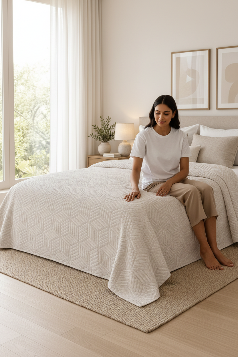 STIL CUBE beige cotton bedspread styled on a contemporary double bed