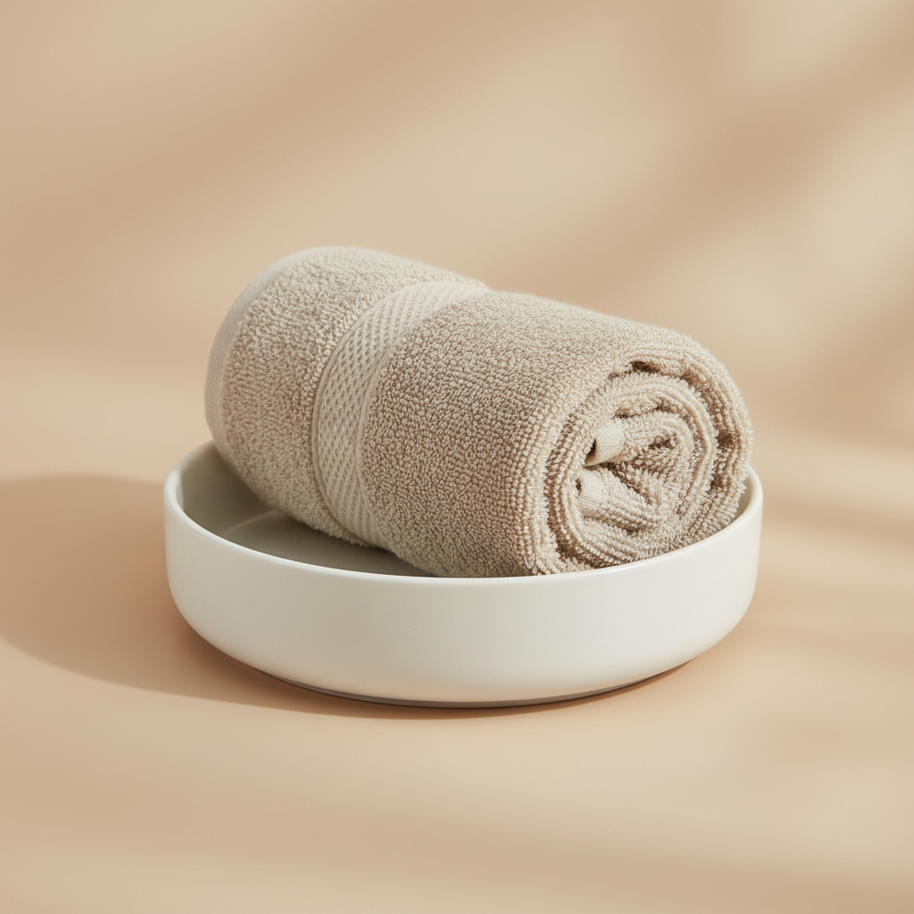 Cream face towel rolled in ceramic dish