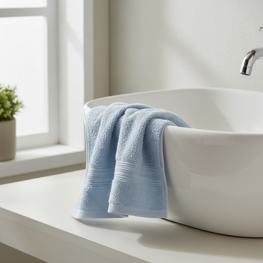Light blue 28 × 30 cm face towel with horizontal woven bands beside a bathroom sink