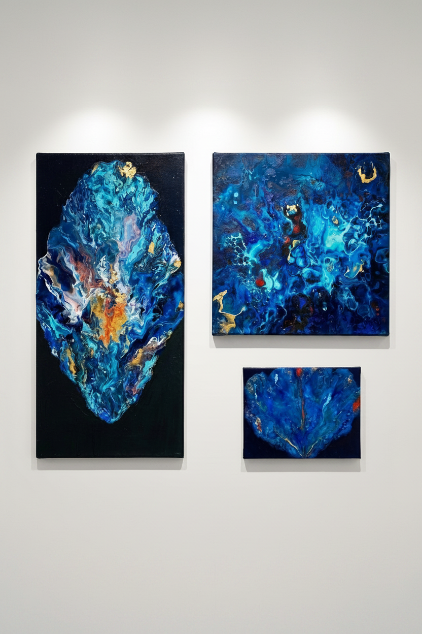 Set of 3 handmade abstract acrylic paintings in deep blue and gold by Abha Kochar, mounted on a living room wall