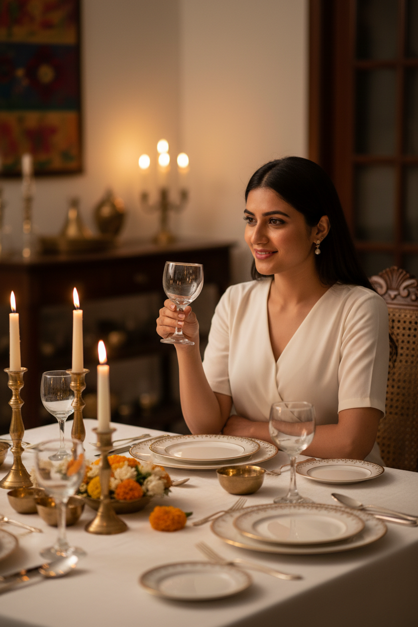 Indian woman holding classic stemmed goblet — lifestyle