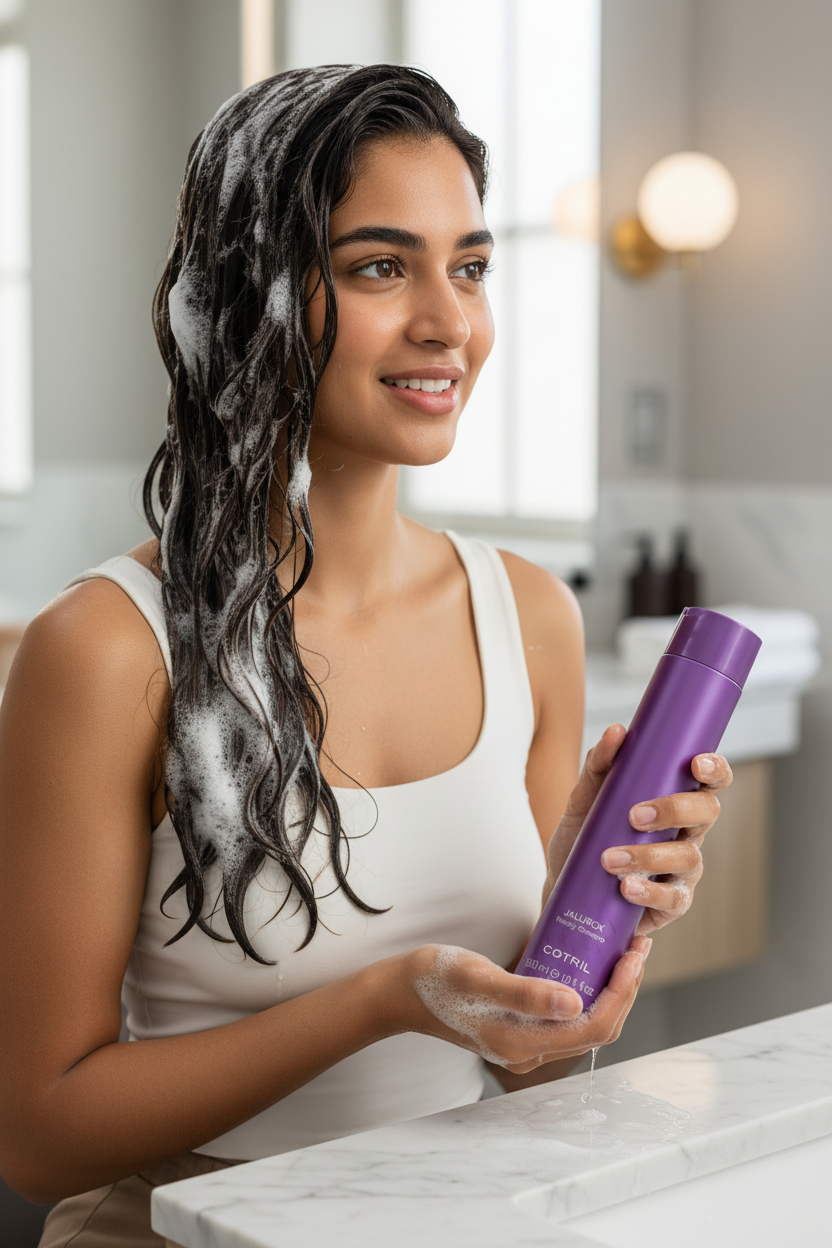 Indian woman washing hair with COTRIL Jalurox Prodigy Shampoo salon setting