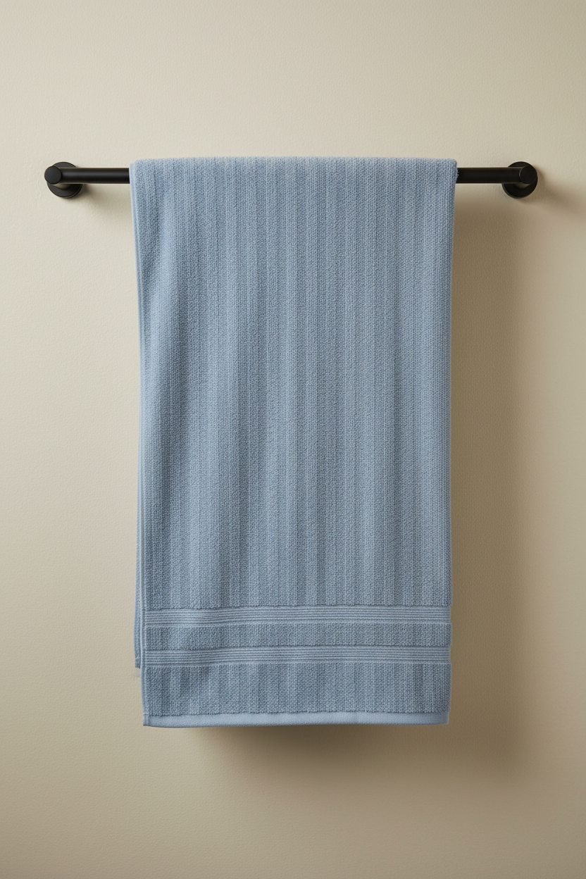 Light Blue Cotton Bath Towel draped on rail