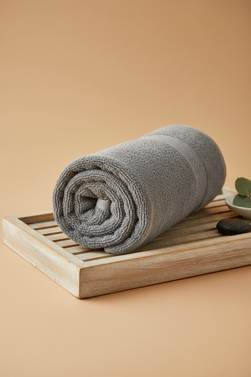 Grey Bath Towel rolled on wooden tray