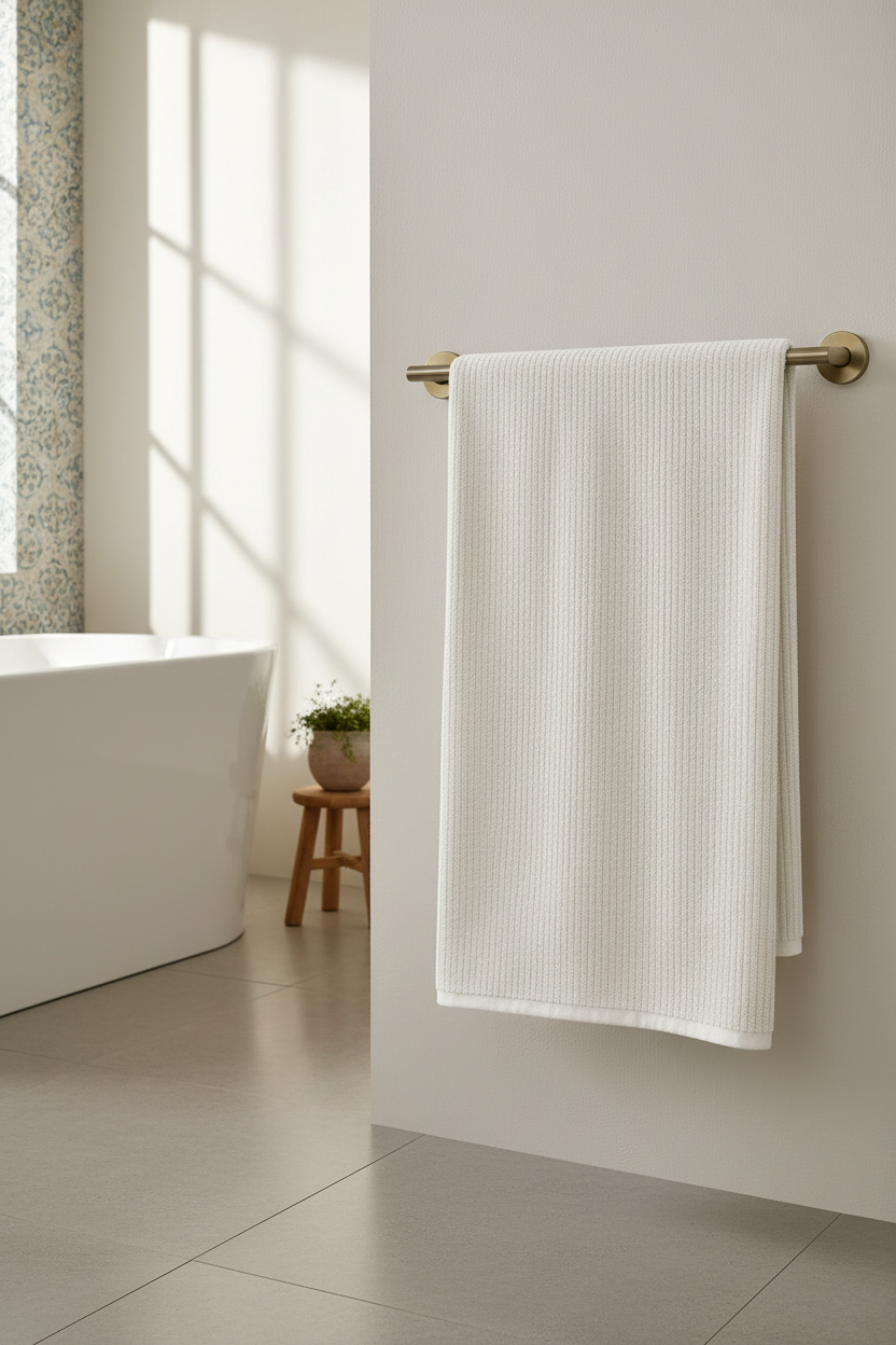 White ribbed bath towel styled in a bright contemporary bathroom