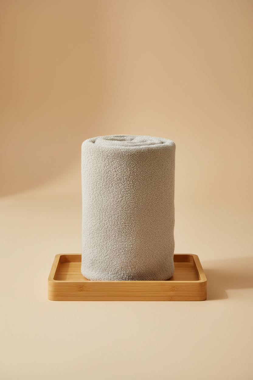 Creamish Grey Bath Towel rolled on wooden tray