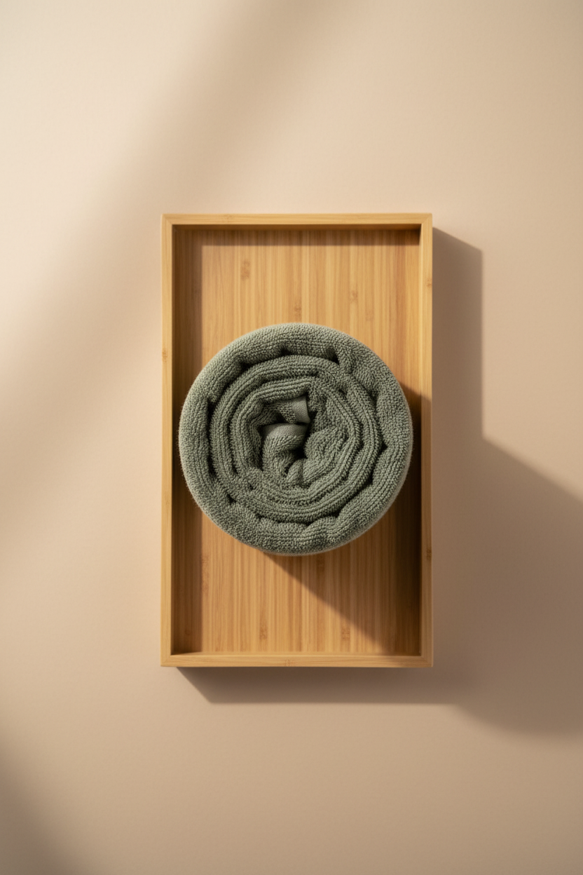 Dark Green Bath Towel rolled on wooden tray