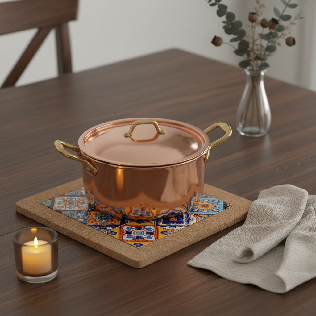 Turkish Hotpot Tile – Baroque Sunburst, lifestyle shot with copper pot on walnut table