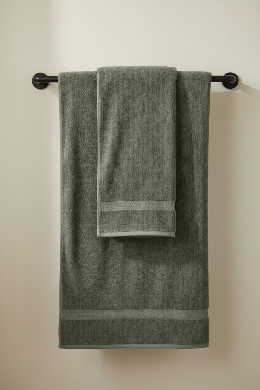Dark Green Bath Towel draped on rail