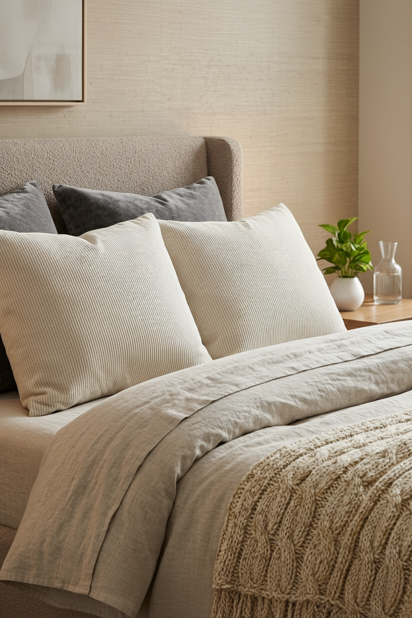 Premium 2.5kg high density hotel-style bed pillow with white striped cover on a luxury bedroom bed