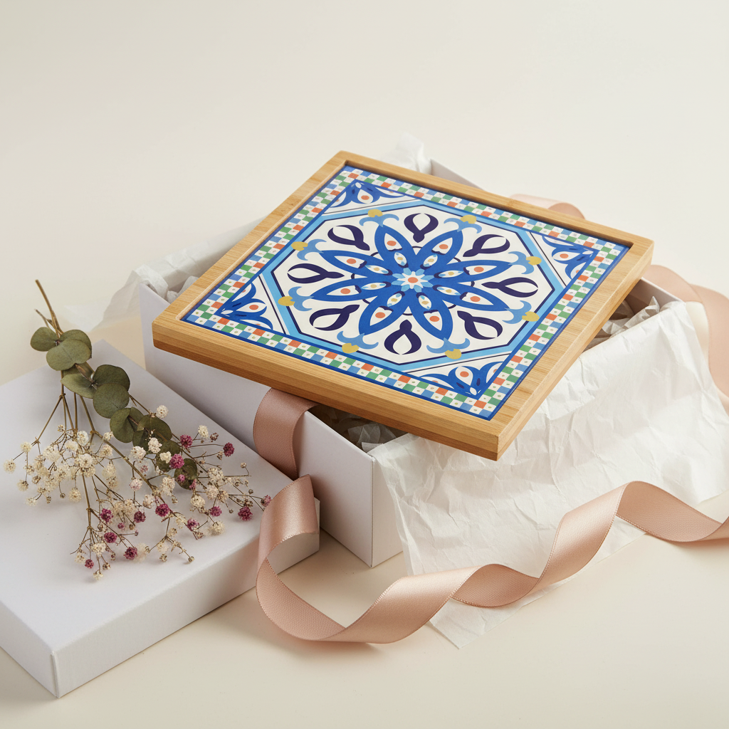 Turkish Hotpot Tile – Cobalt Petal Star, gift styling shot with box and ribbon