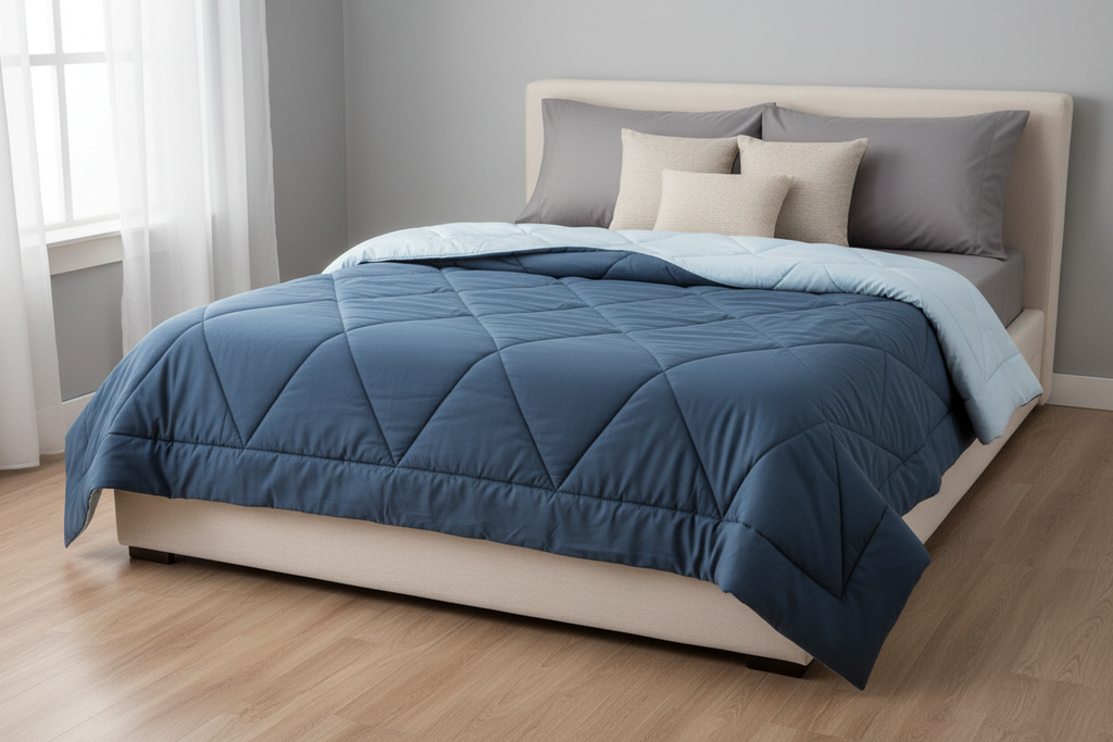 Sky blue and dark blue reversible quilted duvet styled on a bed
