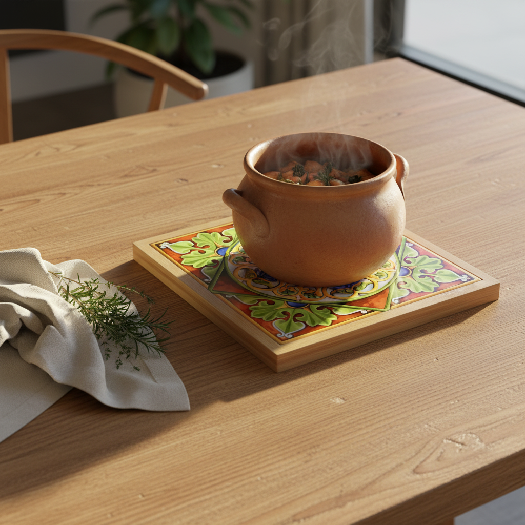 Turkish Hotpot Tile – Terracotta Acanthus Wreath, lifestyle shot with clay pot on oak table