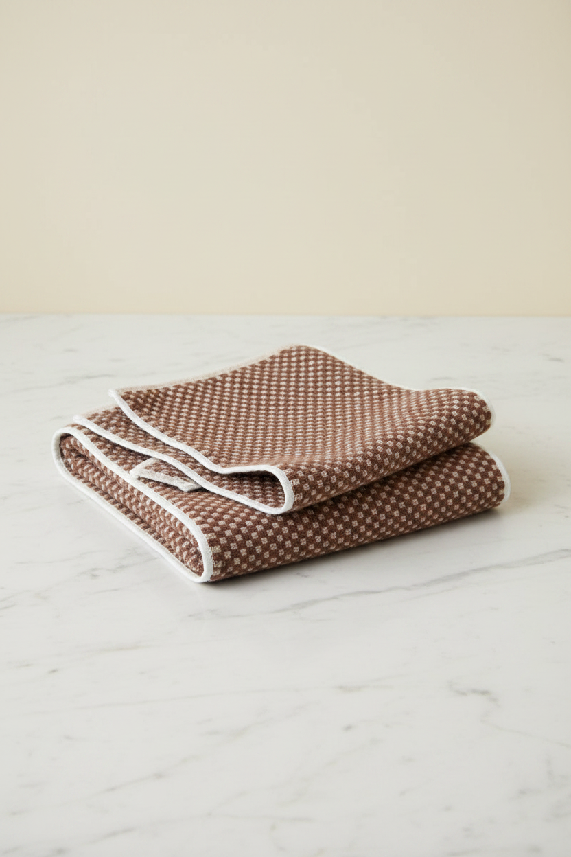 Brown Check Bath Towel folded flat on marble surface