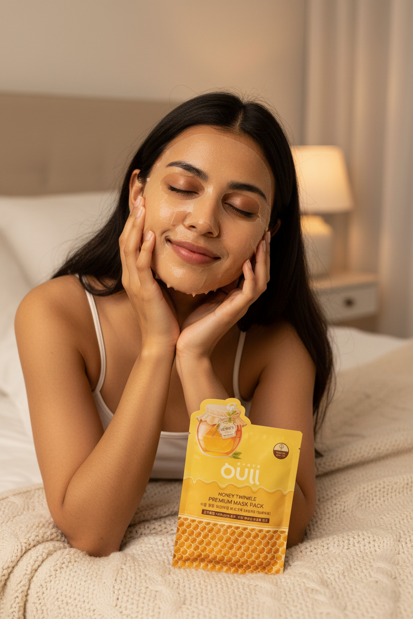 Indian woman wearing OUll Honey Twinkle sheet mask cosy bedroom skincare