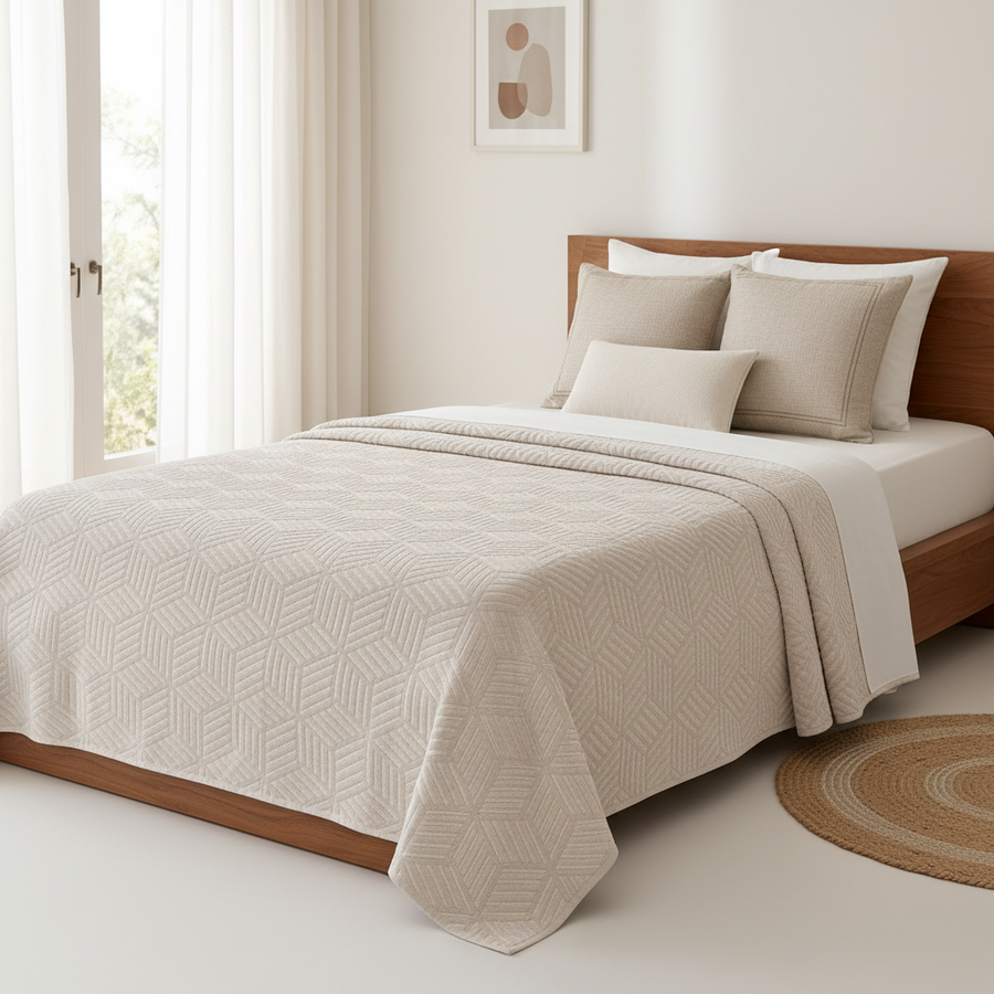 STIL CUBE beige cotton bedspread folded at the foot of a bright bedroom