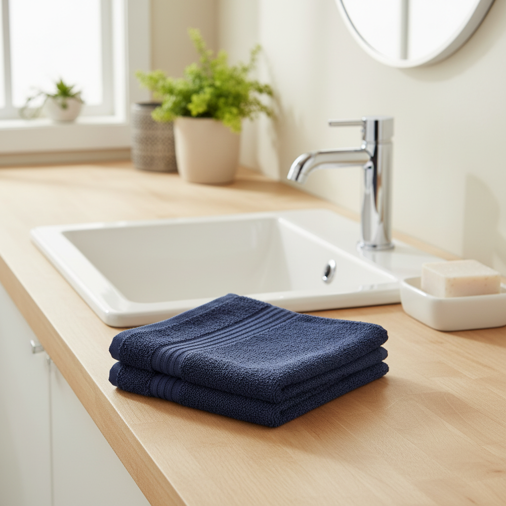 Navy blue face towel lifestyle shot beside sink