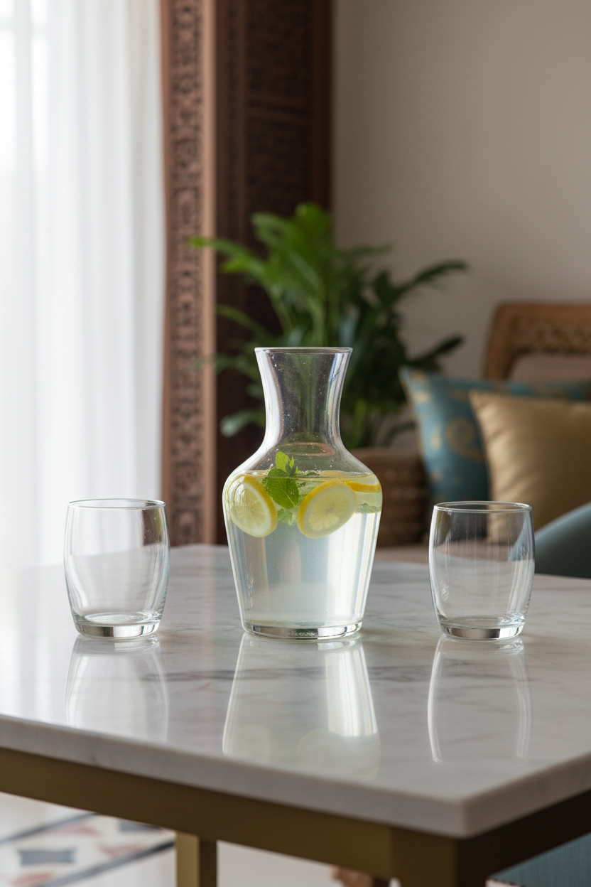 Glass carafe with infused water on marble table