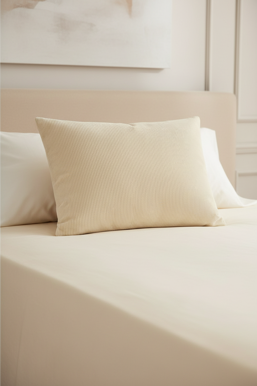 Beige striped premium hotel-style support pillow arranged on a contemporary bed