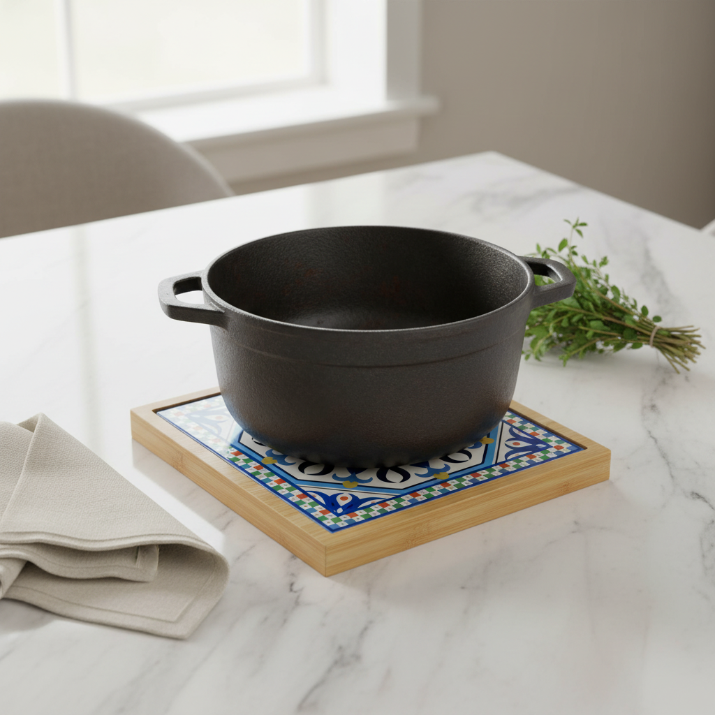 Turkish Hotpot Tile – Cobalt Petal Star, lifestyle shot on marble dining table with pot