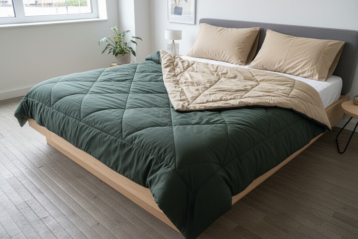 Dark green and beige reversible quilted duvet arranged on a modern bed