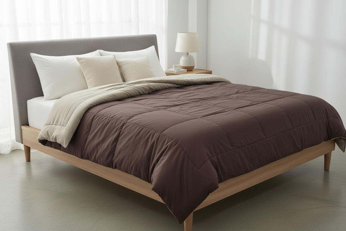 Deep brown and beige reversible quilted duvet styled on a bed